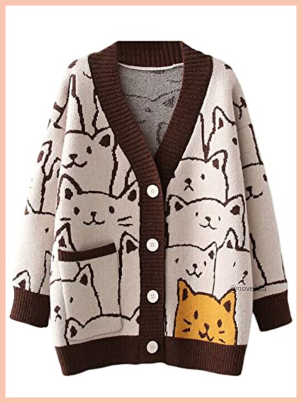 Kawaii Cat Print Oversized V-Neck Button Down Knitted Cardigan Sweater